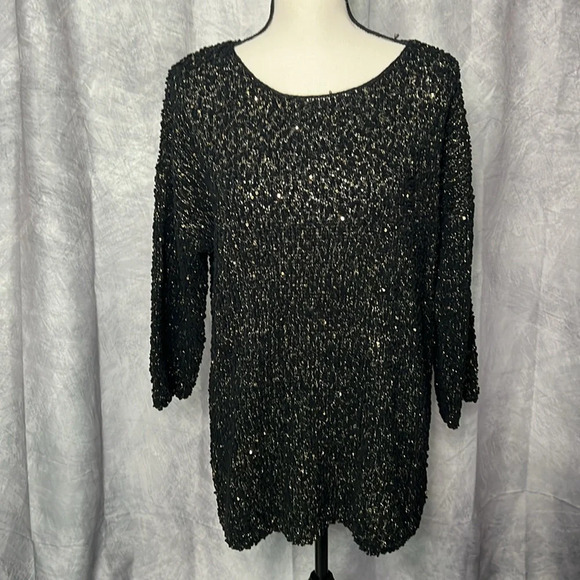 Fashion Avenue Black and Gold Sequin 3/4 Sleeve Tunic Sweater - size Large - Picture 1 of 10